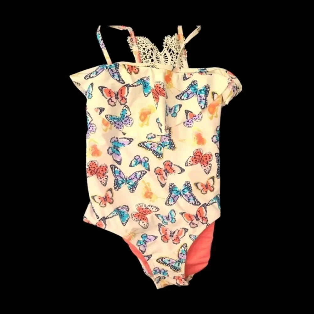 Limited Too Swimsuit 1-Piece Crocheted‎ Butterfly Print Ruffle Girls sz X…